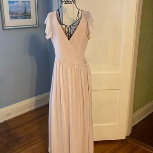 Elegant Full length, wrap around gown with flutter sleeves